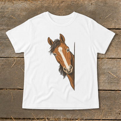 White t-shirt with a brown horse peeking from the side.