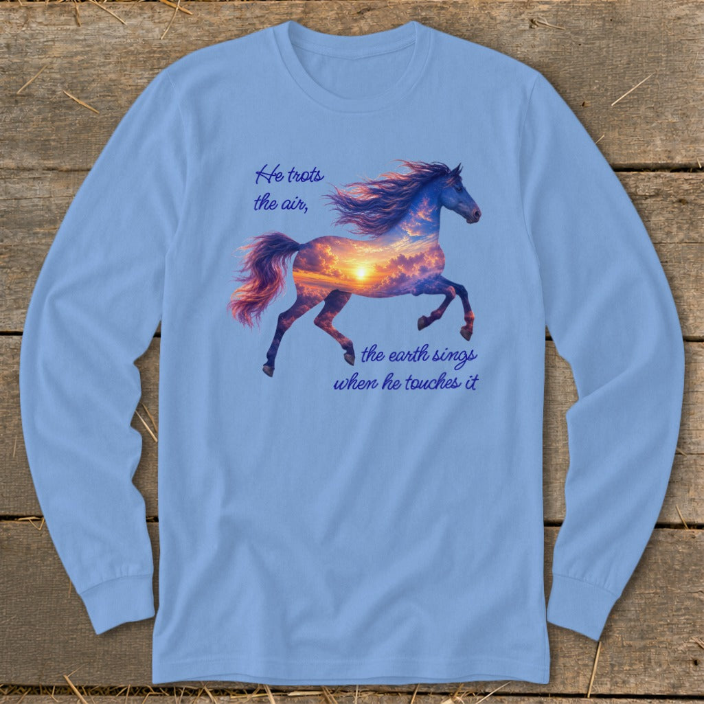 A light blue long-sleeve t-shirt features a running horse graphic filled with a sunset sky and text.