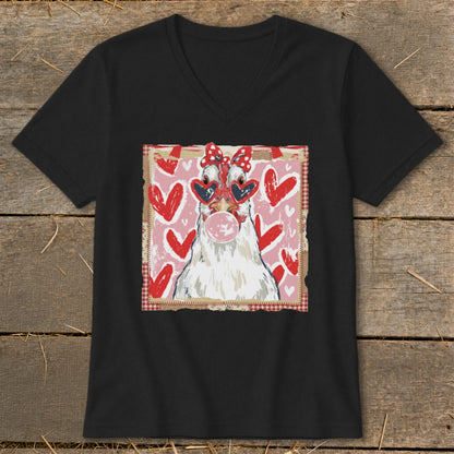 Black t-shirt with a graphic of a chicken wearing heart sunglasses and blowing bubblegum.