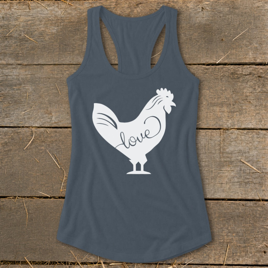 Gray tank top with white rooster graphic and "love" text.