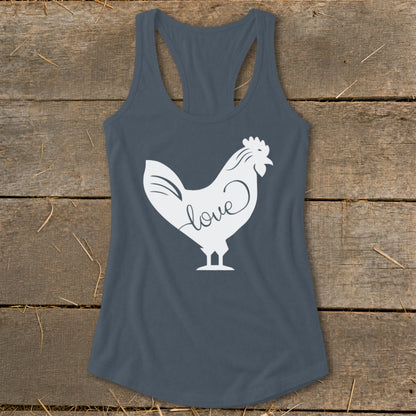 Gray tank top with white rooster graphic and "love" text.