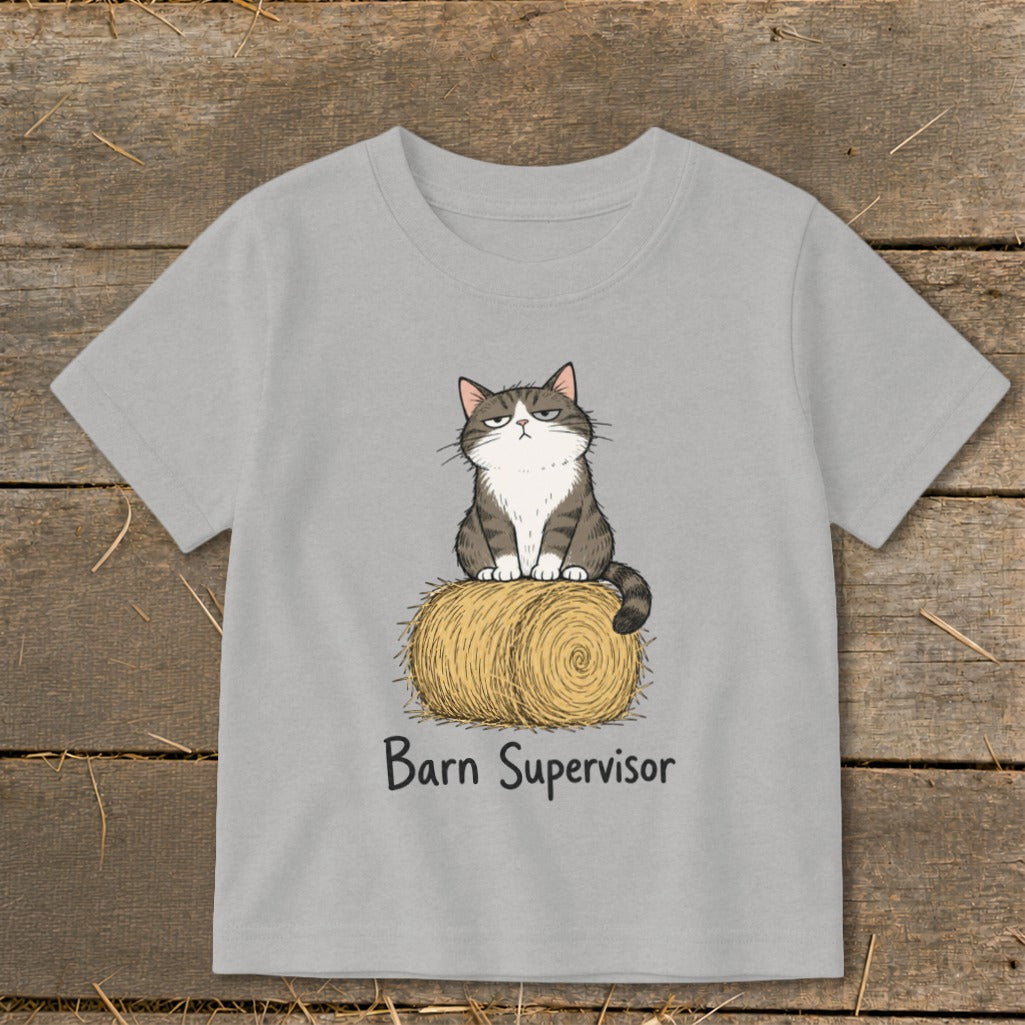 Gray t-shirt with a grumpy cat sitting on a hay bale, text "Barn Supervisor".