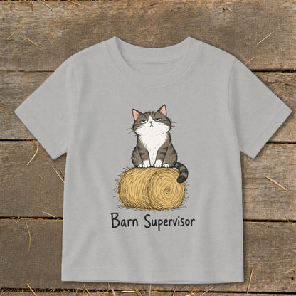 Gray t-shirt with a grumpy cat sitting on a hay bale, text "Barn Supervisor".