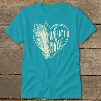 Teal t-shirt with a heart graphic featuring a horse and text "it wasn't a phase".