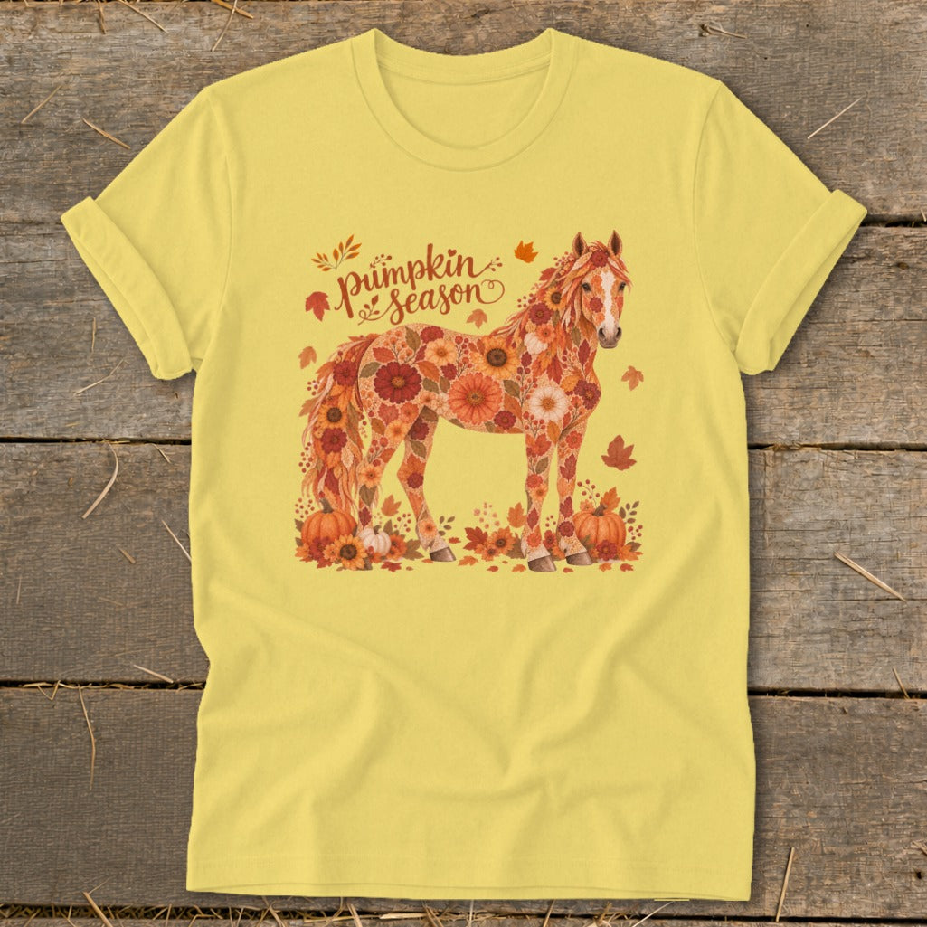 Yellow t-shirt with "Pumpkin Season" text and a horse made of autumn flowers and leaves.