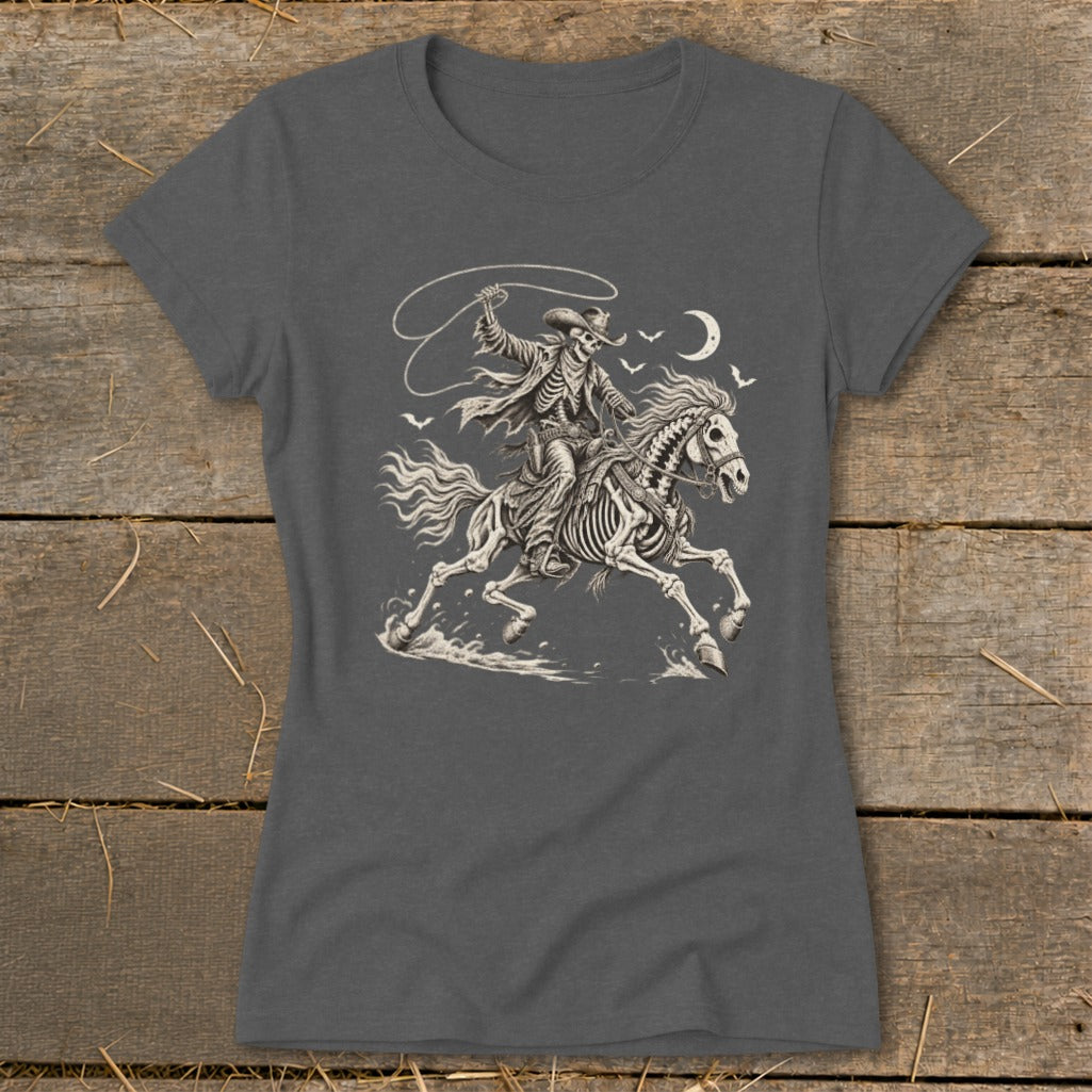 Skeleton cowboy on horseback lassoing under a crescent moon.