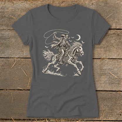 Skeleton cowboy on horseback lassoing under a crescent moon.