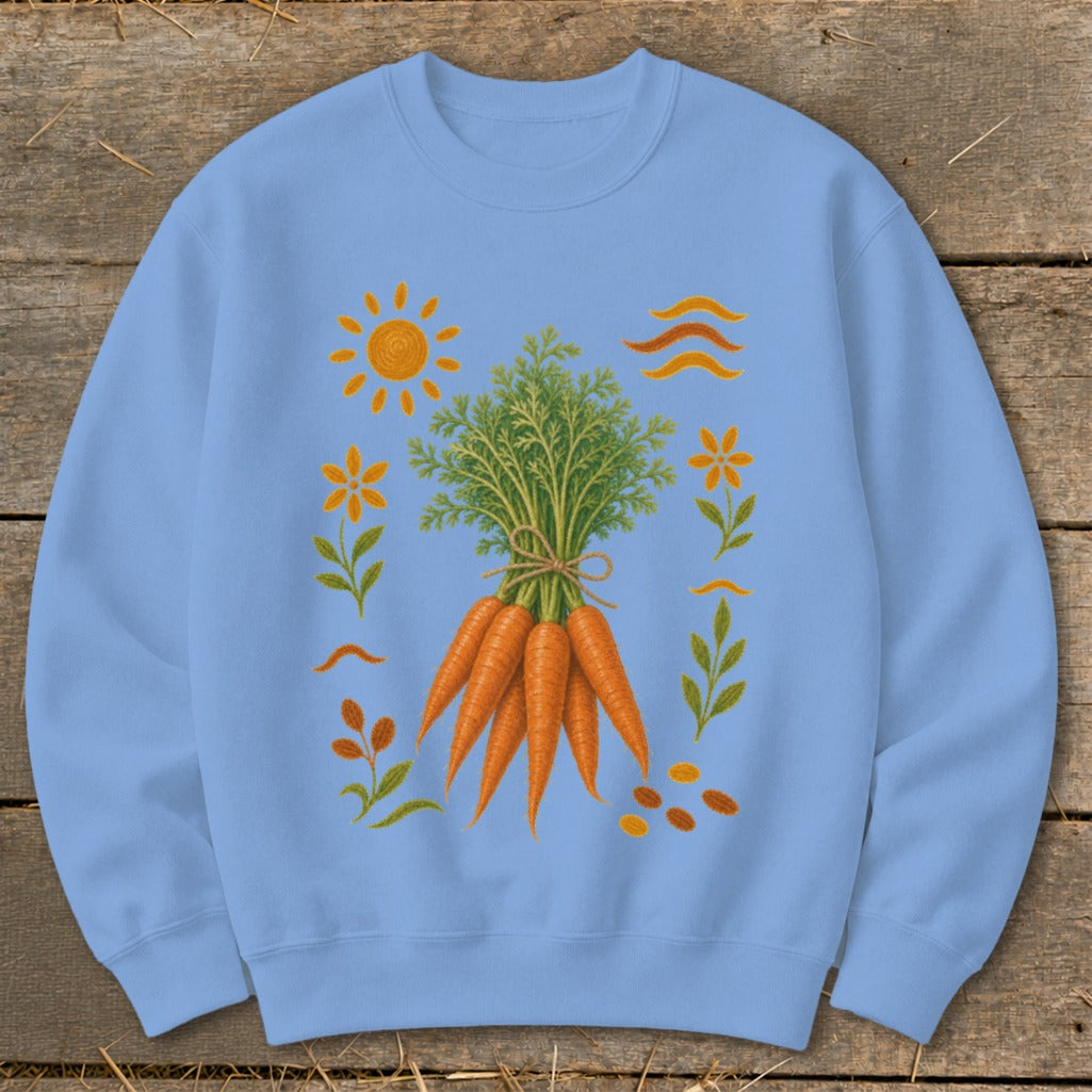 Light blue crewneck sweatshirt with a stylized illustration of carrots and gardening elements.