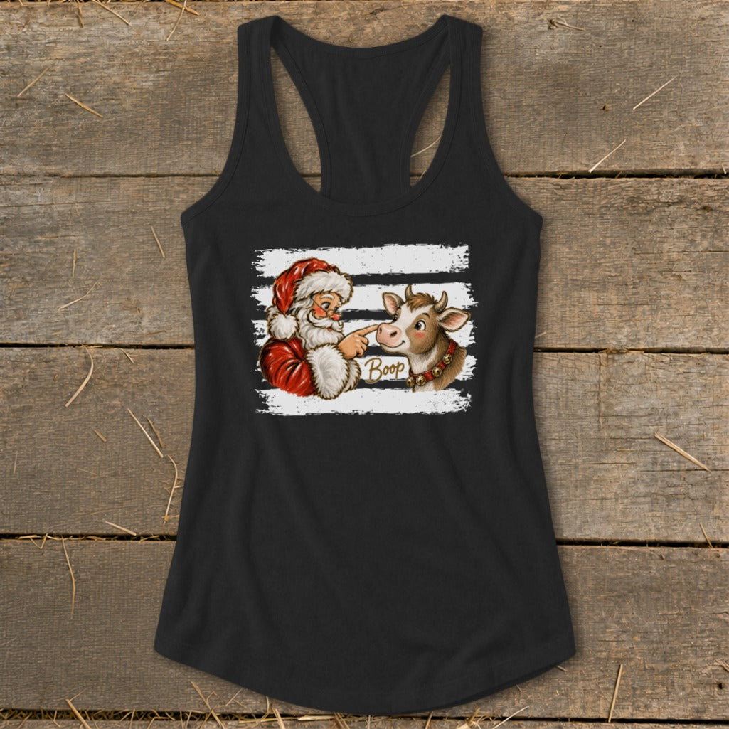 Santa booping a cow with the word "Boop" on a black tank top.
