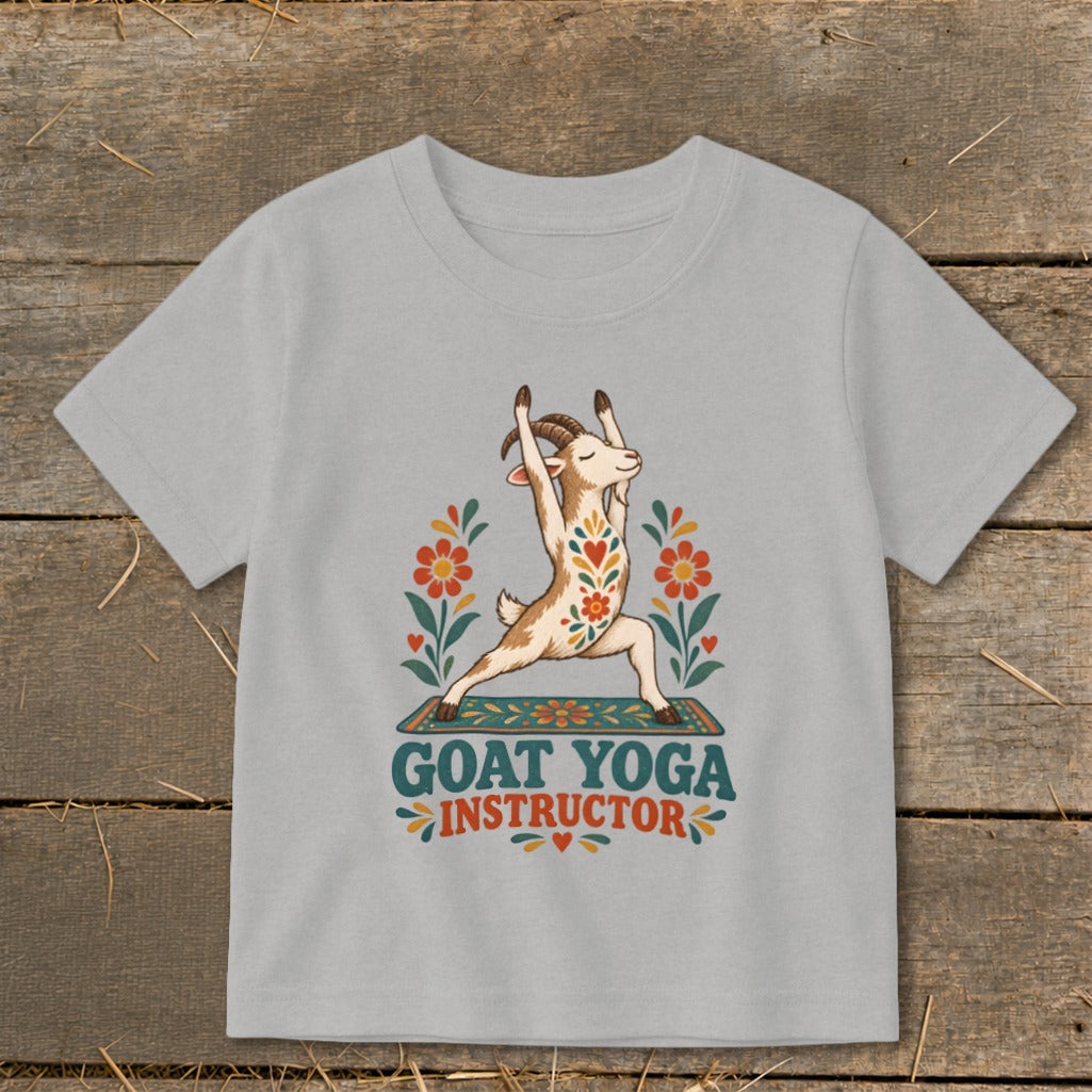 Light grey t-shirt with a goat in a yoga pose and "Goat Yoga Instructor" text.
