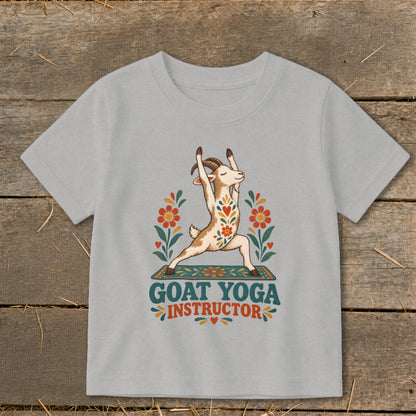 Light grey t-shirt with a goat in a yoga pose and "Goat Yoga Instructor" text.