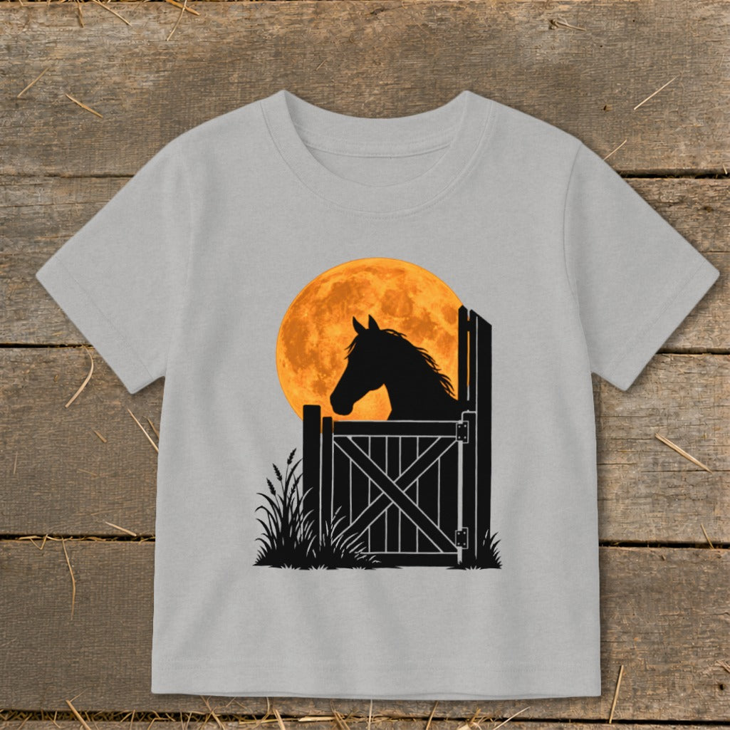 A grey children's t-shirt printed with a silhouette of a horse looking over a stable door against an orange moon.