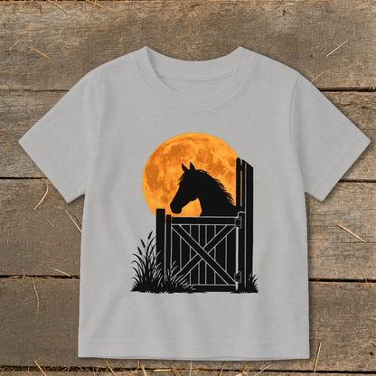 A grey children's t-shirt printed with a silhouette of a horse looking over a stable door against an orange moon.