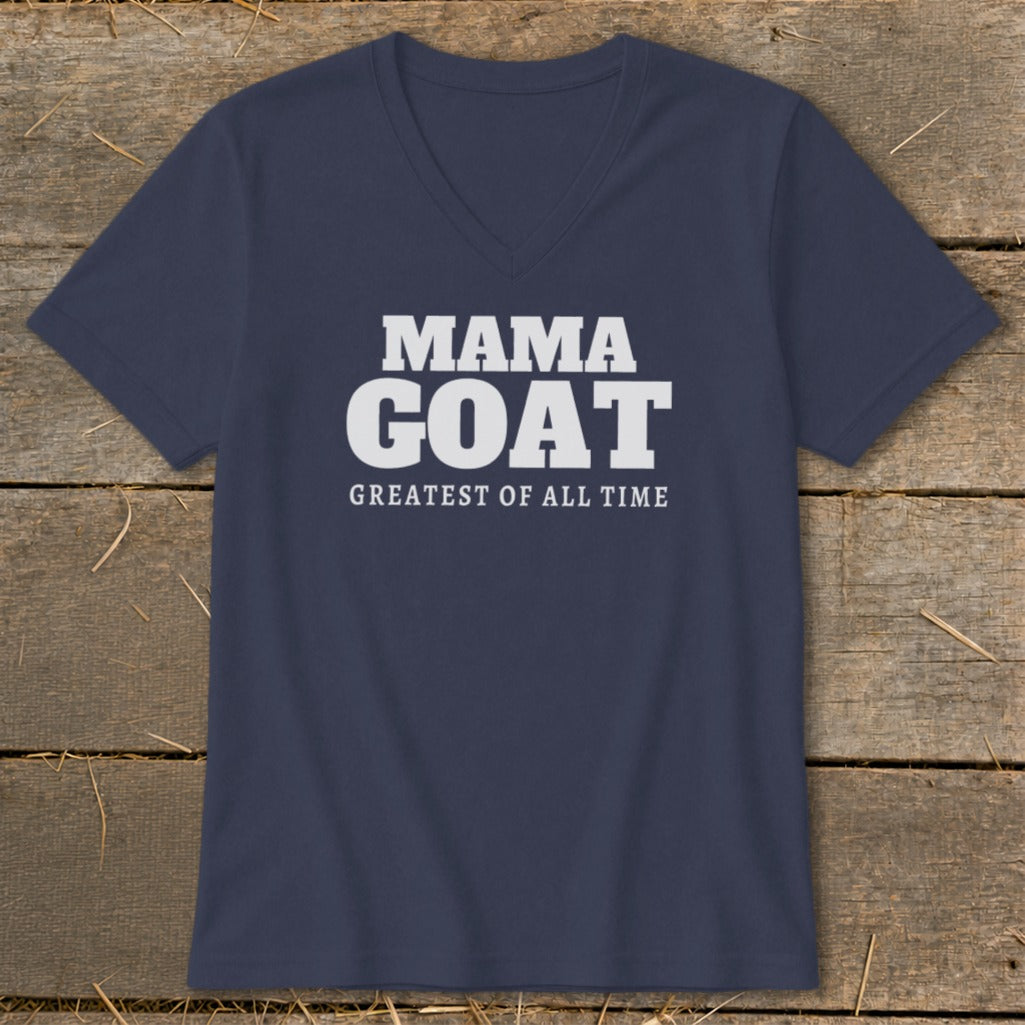 Navy v-neck t-shirt with "MAMA GOAT GREATEST OF ALL TIME" in white text.