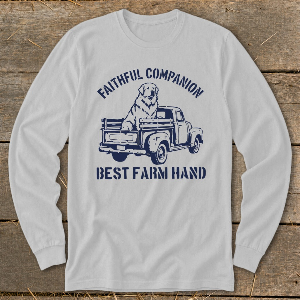 Long sleeve shirt with a graphic of a dog in a truck and text.
