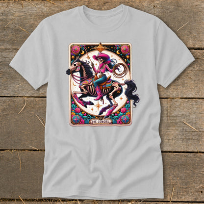 Skeleton cowgirl on a horse, with "The Cowgirl" text in a tarot card design.