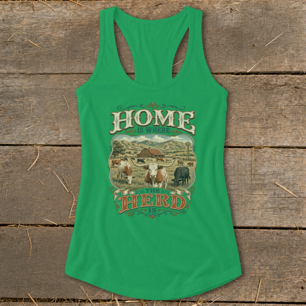 Green tank top with "HOME IS WHERE THE HERD IS" text and farm scene graphic.