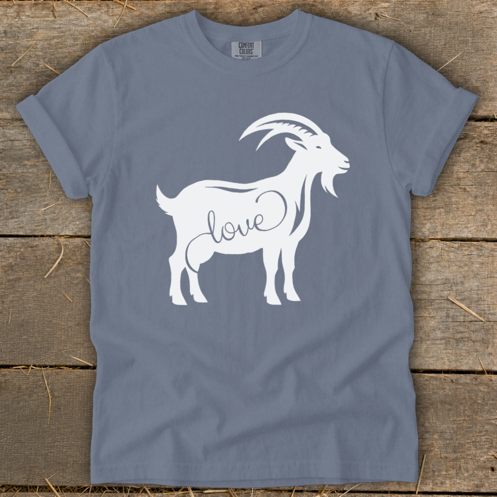 Blue t-shirt with a white goat silhouette and the word "love" on its side.