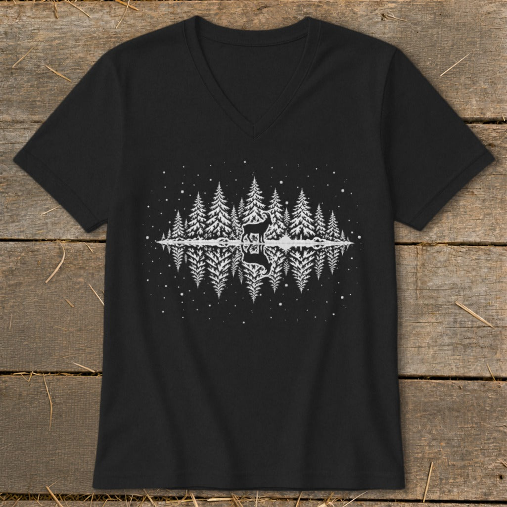 Black t-shirt with a white graphic of a deer and pine trees reflected in water.