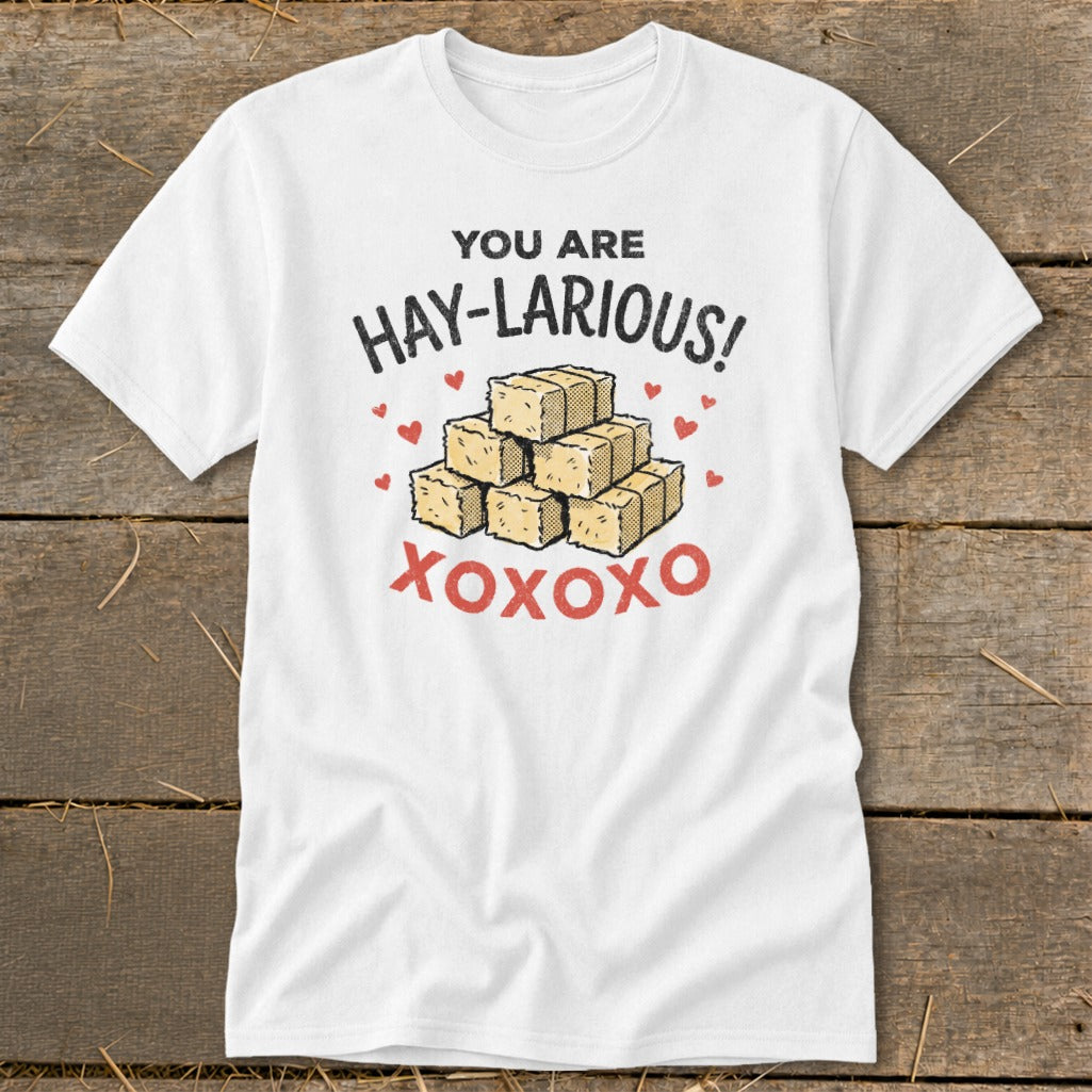 White t-shirt with "You are Hay-Larious!" text and stack of hay bales.