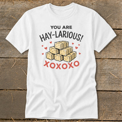 White t-shirt with "You are Hay-Larious!" text and stack of hay bales.