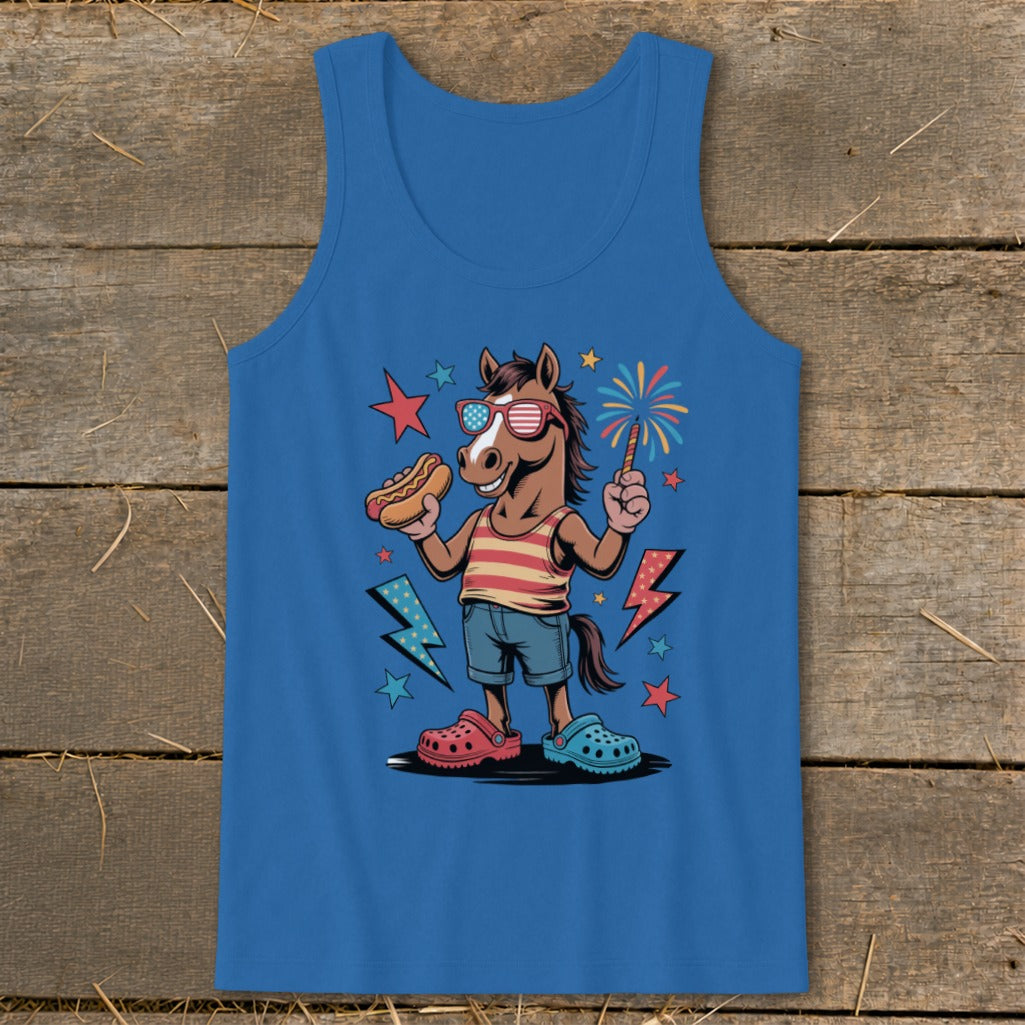 Cartoon horse wearing sunglasses, holding hot dog and firework, on blue tank top.