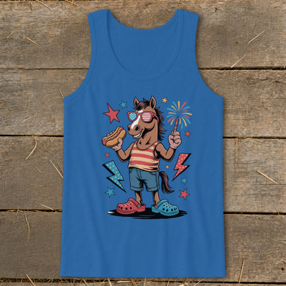 Cartoon horse wearing sunglasses, holding hot dog and firework, on blue tank top.