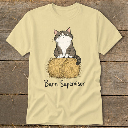 T-shirt with grumpy cat sitting on a hay bale, text reads "Barn Supervisor".
