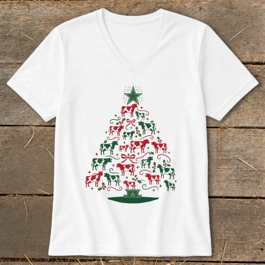 White t-shirt with a Christmas tree made of red and green cows.