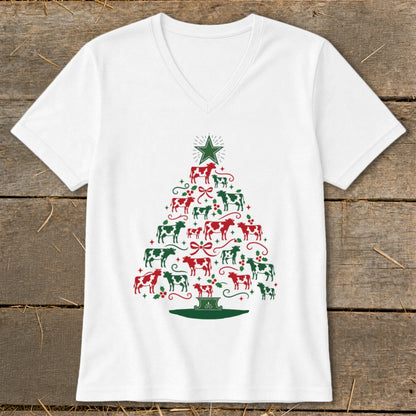 White t-shirt with a Christmas tree made of red and green cows.