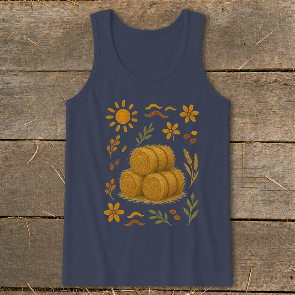 Dark blue tank top with a stack of hay bales surrounded by sun, flowers, and wheat.