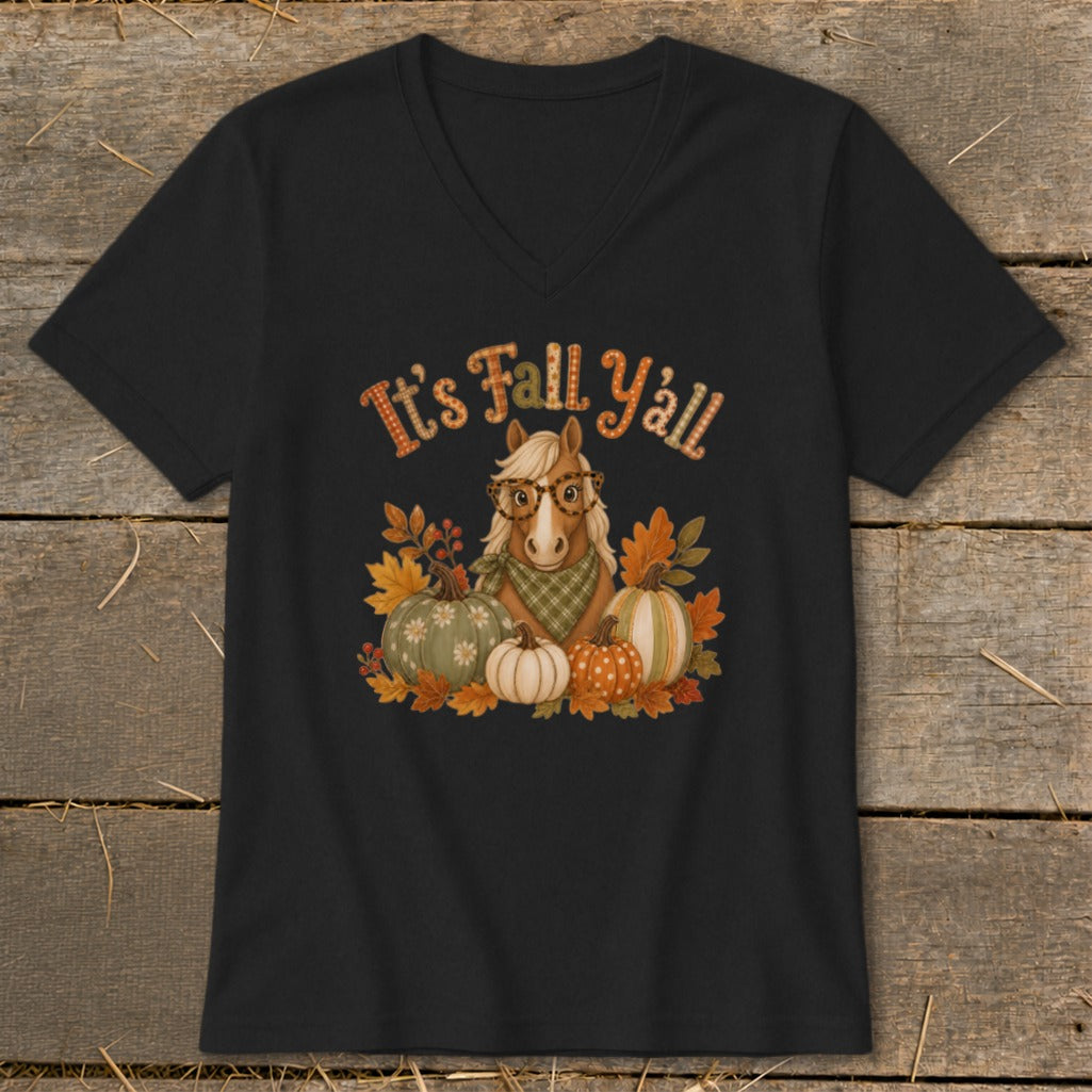 Horse with glasses and bandana surrounded by pumpkins and fall leaves, text "It's Fall Y'all".