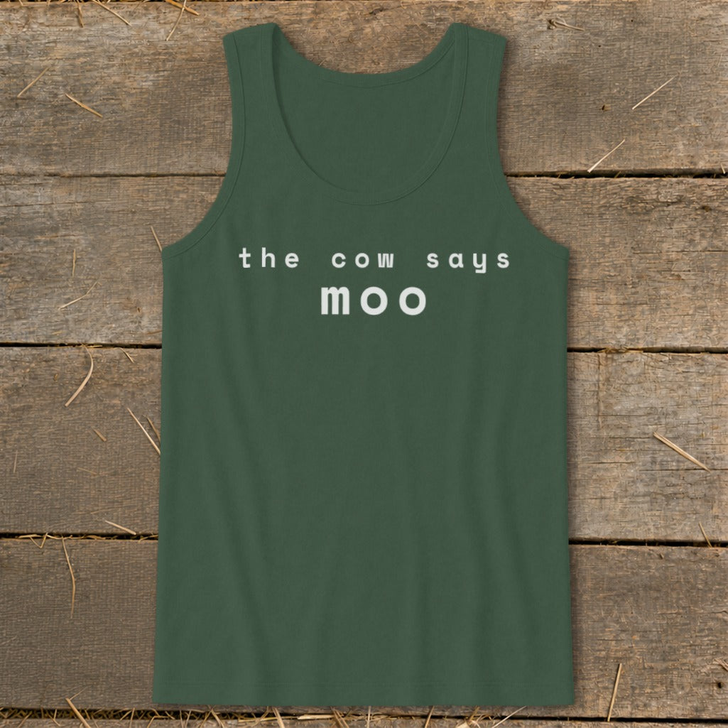 Green tank top with "the cow says moo" text.