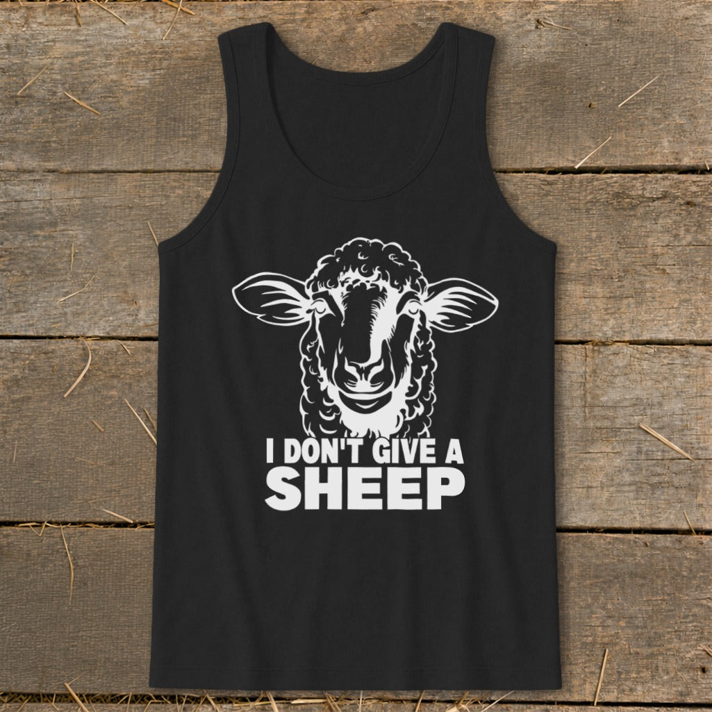 Black tank top with a white sheep graphic and the text "I DON'T GIVE A SHEEP".