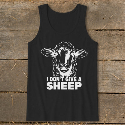 Black tank top with a white sheep graphic and the text "I DON'T GIVE A SHEEP".