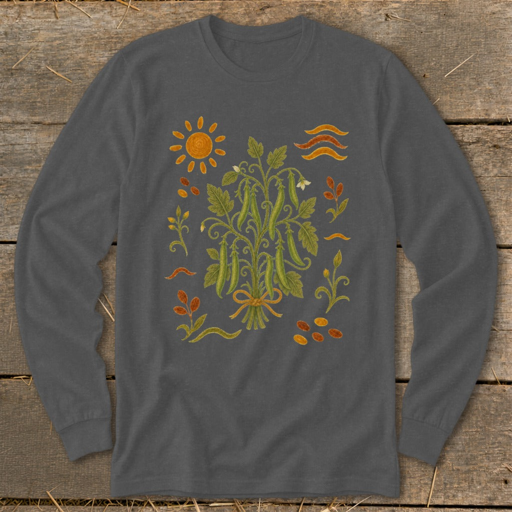 Long sleeve shirt with a vintage-style botanical illustration of pea pods and sun.