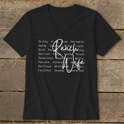 Black v-neck t-shirt with "Ranch Wife" and a list of positive attributes.