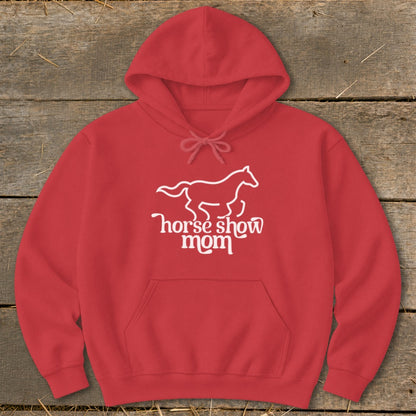 Red hoodie with white horse silhouette and "horse show mom" text.