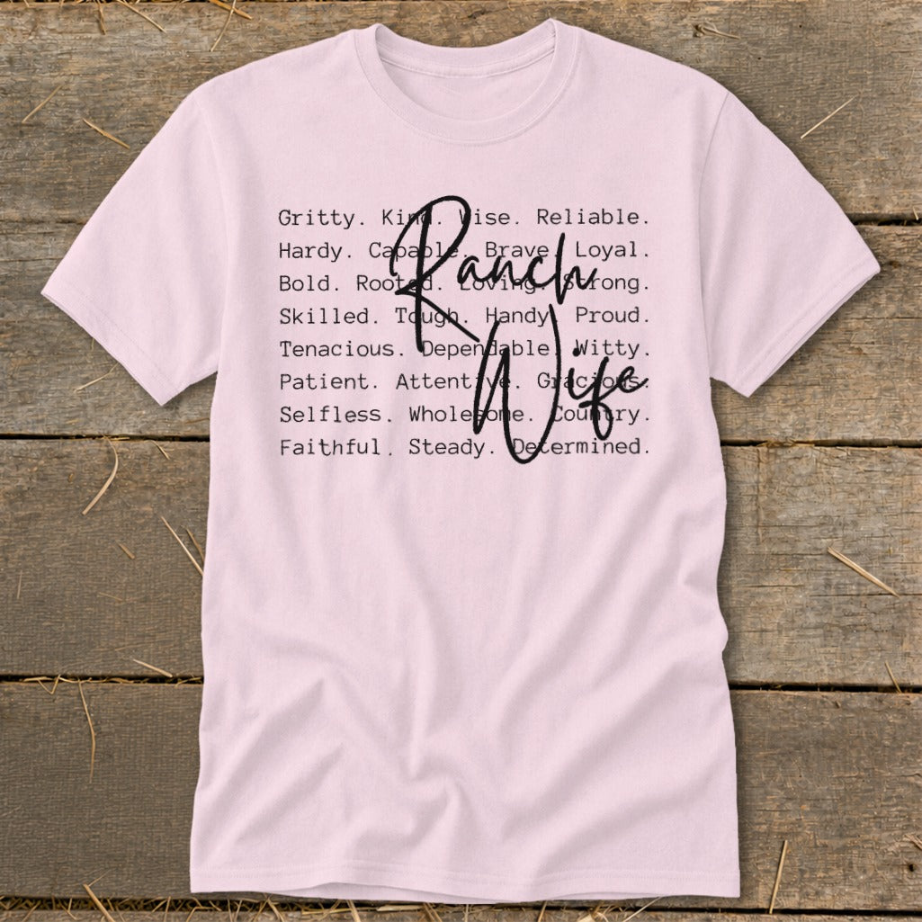 Pink t-shirt with "Ranch Life" and descriptive words like gritty, kind, brave, loyal.