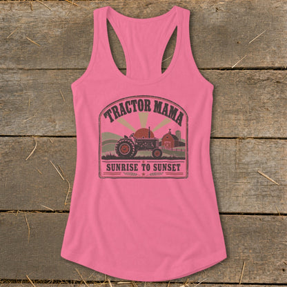 Pink tank top with "Tractor Mama Sunrise to Sunset" graphic featuring a tractor and barn.