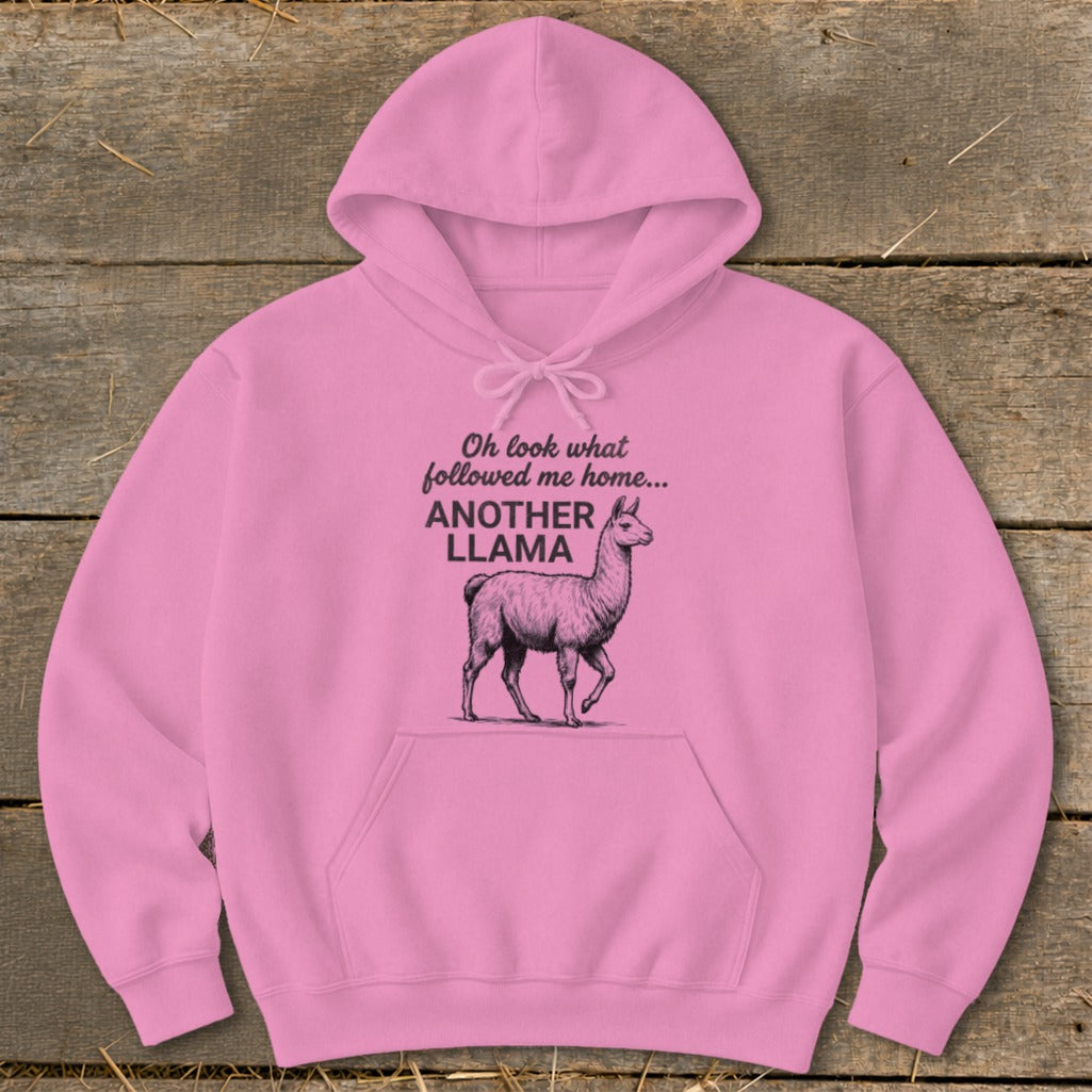 Pink hoodie with text "Oh look what followed me home... ANOTHER LLAMA" and llama illustration.