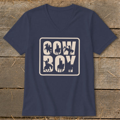 Navy v-neck t-shirt with a cream rectangle containing "COW BOY" and cowboy silhouettes.