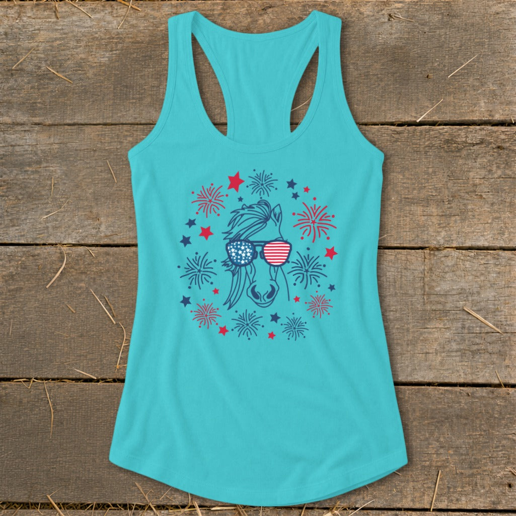 Teal tank top with horse wearing American flag sunglasses and fireworks design.