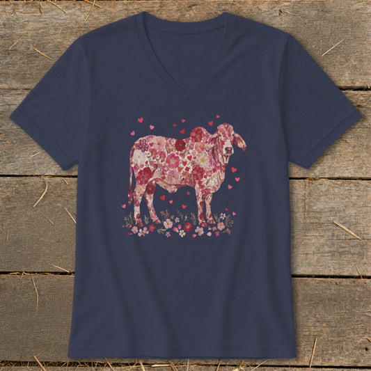 Navy v-neck t-shirt with a floral cow and heart graphic.