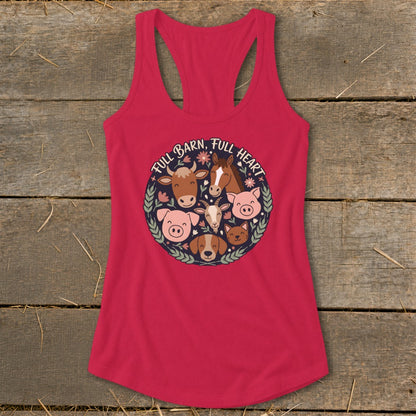 Pink tank top with a circular farm animal illustration and the text "FULL BARN, FULL HEART."