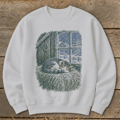 White sweatshirt with a sleeping tabby cat on hay, looking out a snowy window.