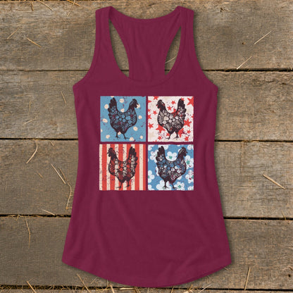 Maroon tank top featuring four squares with stylized chickens and patriotic patterns.