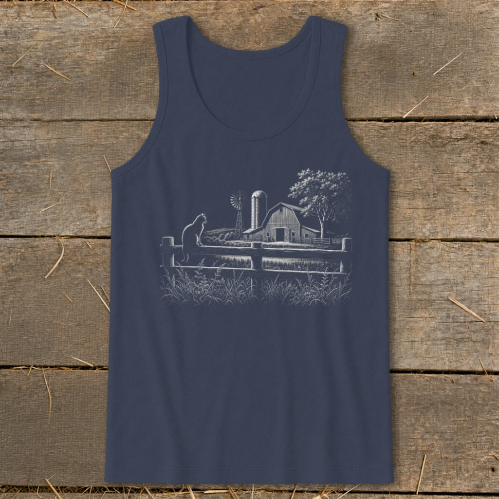 Navy tank top with white sketch of a cat, fence, barn, silo, windmill, and tree.