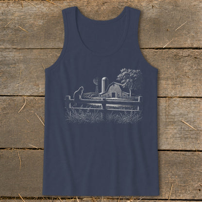 Navy tank top with white sketch of a cat, fence, barn, silo, windmill, and tree.