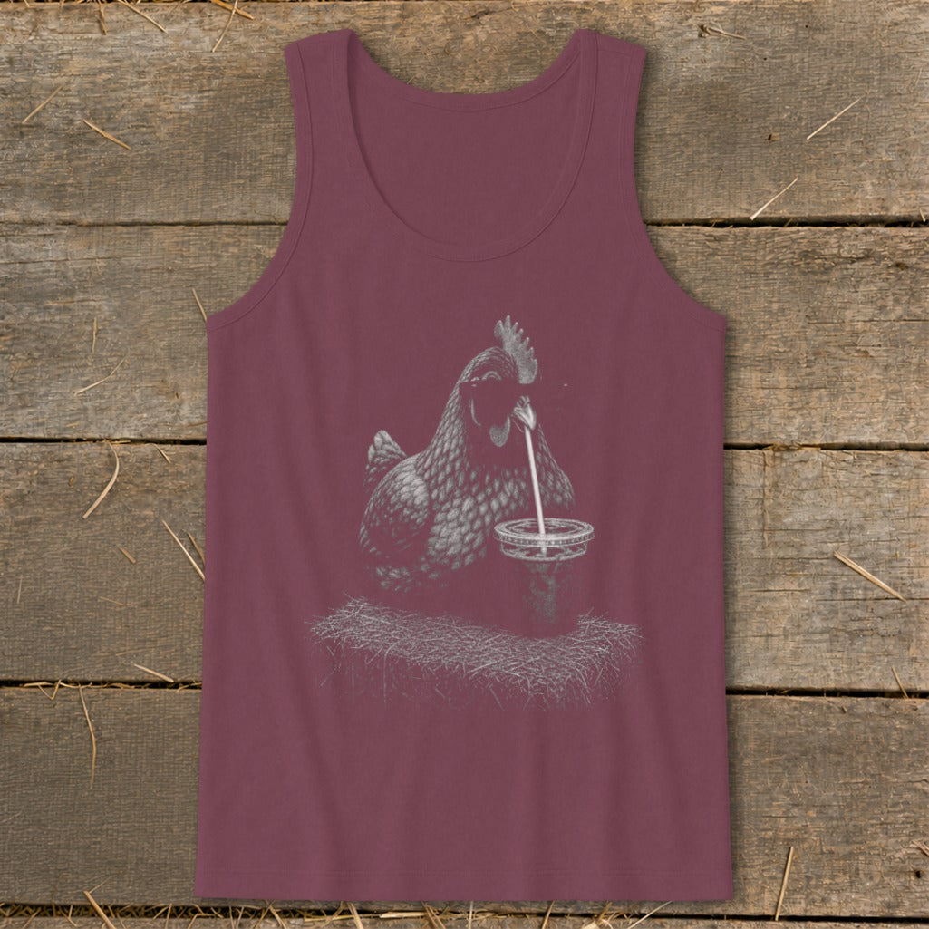 Maroon tank top with a line drawing of a chicken drinking from a cup with a straw.